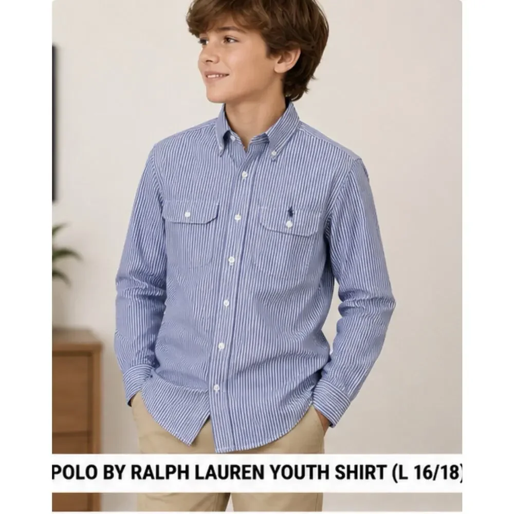 Polo Ralph Lauren Boys Striped Button Shirt Youth L 16-18 Blue White